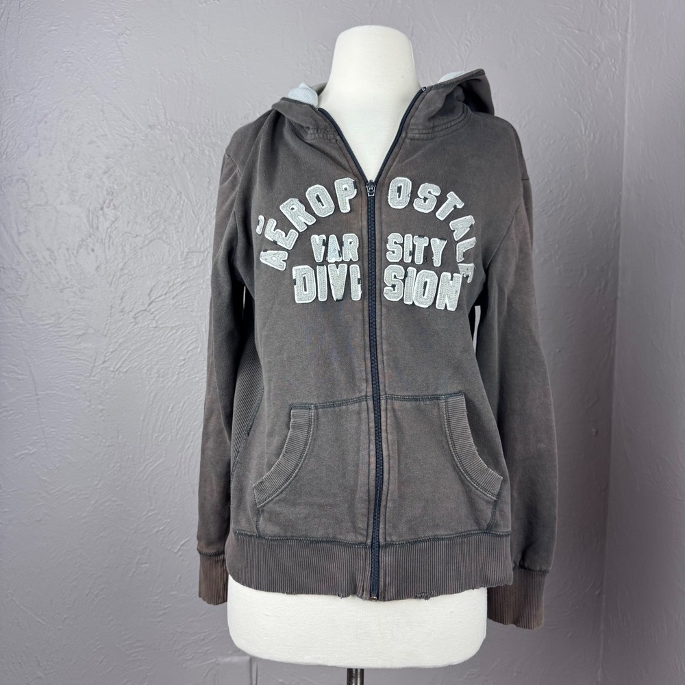 Y2k Aeropostale XL brown distressed hoodie 3d Letter patch embroidered letters